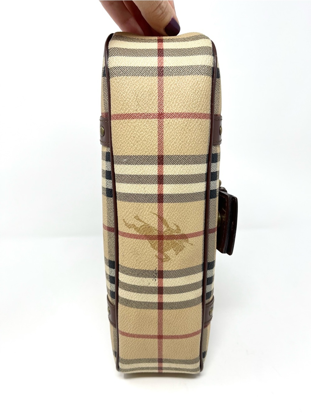 Vintage Vtg Burberry Y2K Haymarket Check Mini Shoulder Bag Beige Brown Leather - Picture 6 of 14
